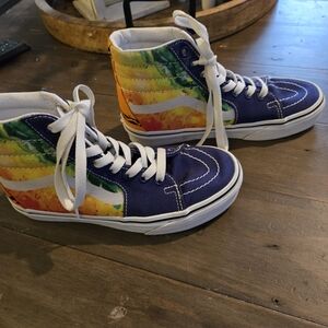 Vans Blue and Orange High-Top Sneakers with Rainbow Pattern
